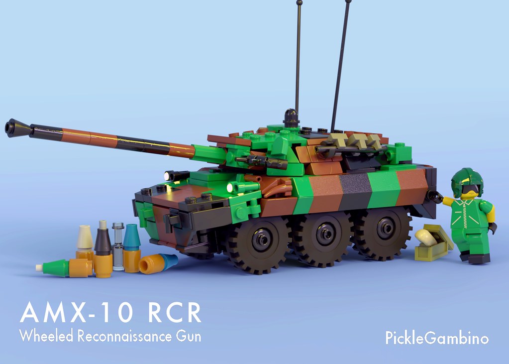 LEGO model of AMX 10 RCR reconnaissance vehcle - front view, with crewman