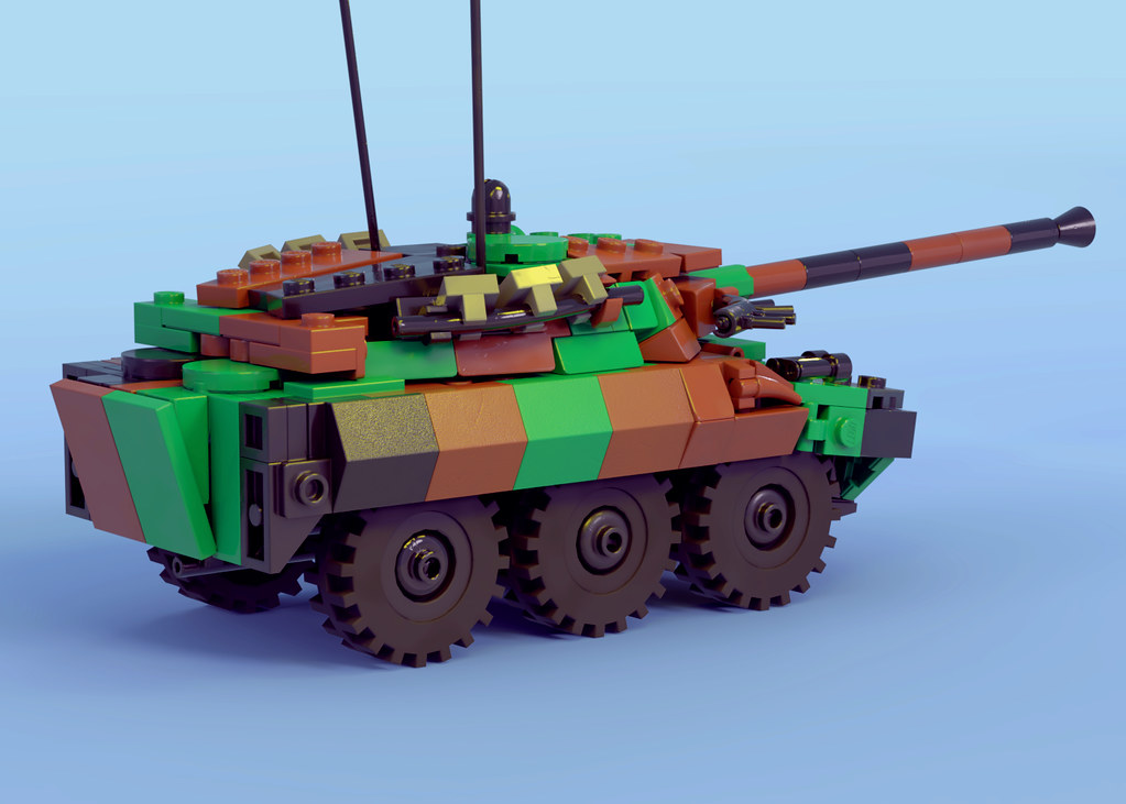LEGO model of AMX 10 RCR reconnaissance vehcle - back view