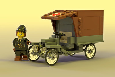 LEGO model of a SPAD S.XII biplane from WWI flying in sky