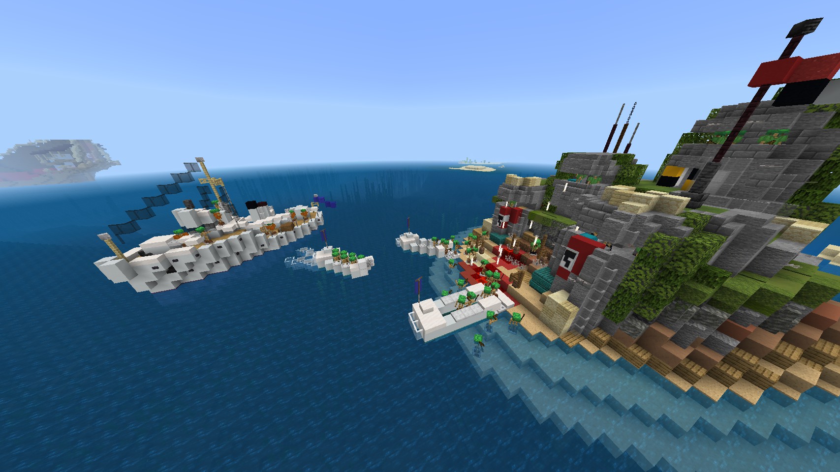 Minecraft scene of a WWII D-Day-style beach invasion
