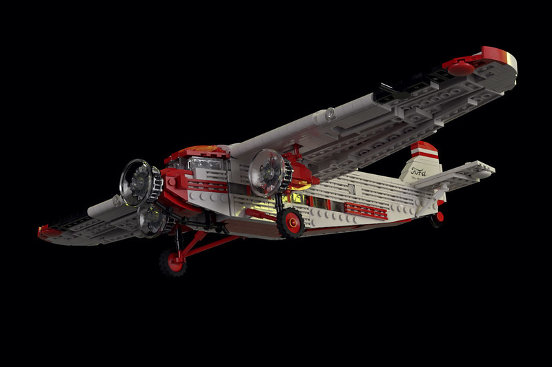 LEGO model of a Ford trimotor aircraft at nighttime